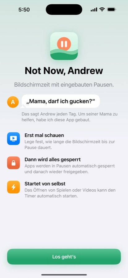 Willkommensbildschirm von NotNow