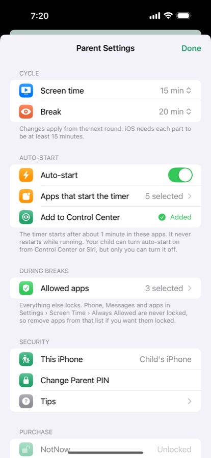 NotNow parent settings