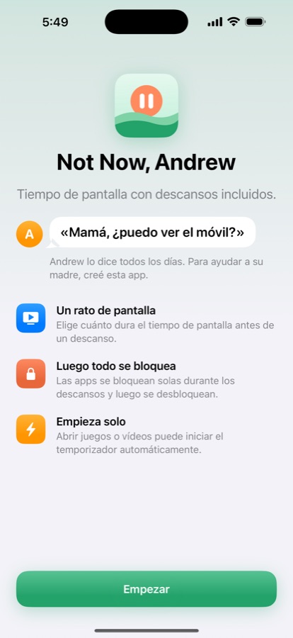 Pantalla de bienvenida de NotNow